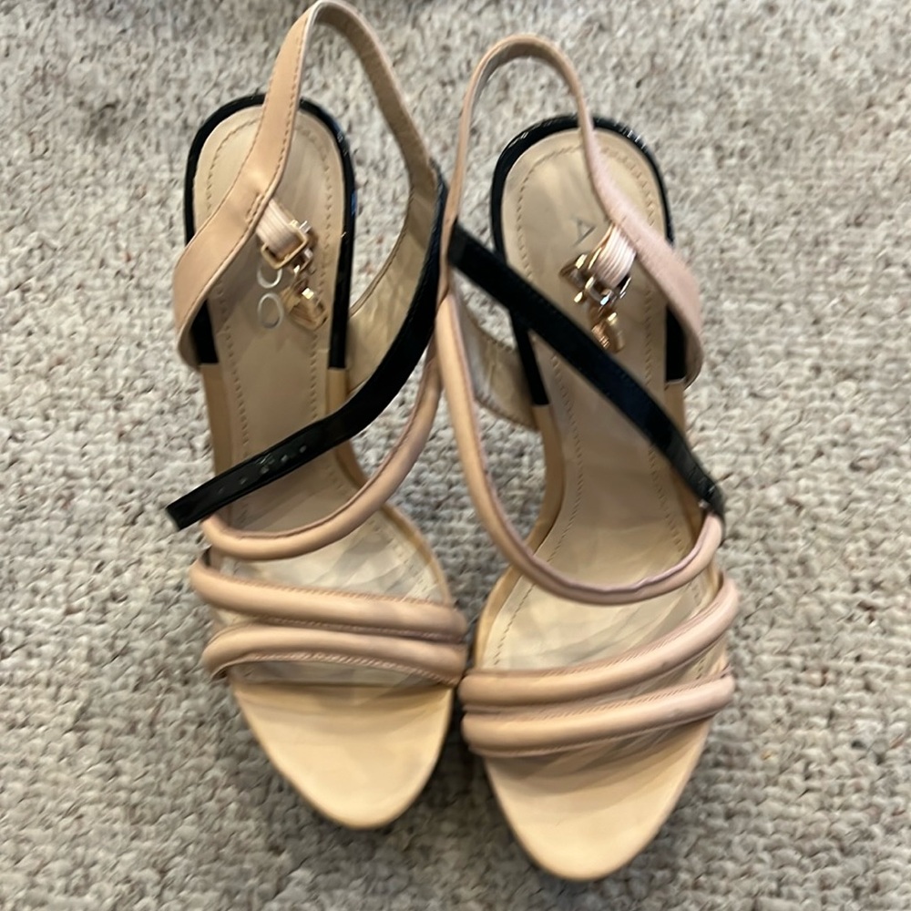 Aldo Beige and Black Strappy Platform Sandals